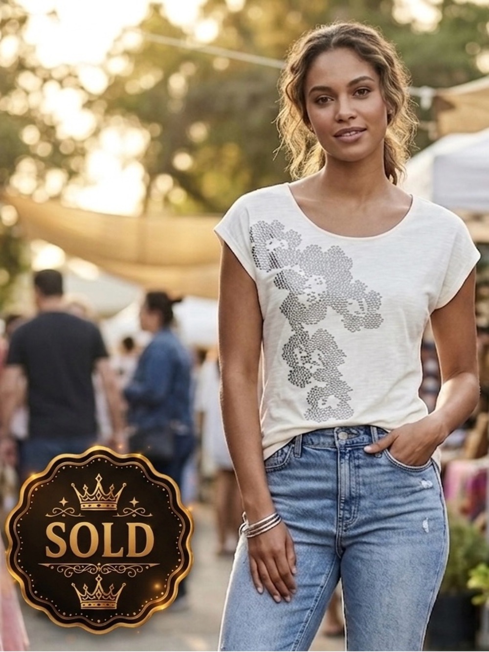 Apt. 9 Cream Tee with Gray Floral Metallic Print - Picture 1 of 8
